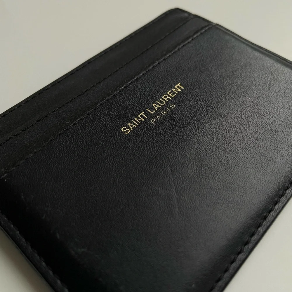YSL Yves Saint Laurent Smooth Leather Black Gold Cardholder Wallet Pouch Purse - Picture 4 of 9